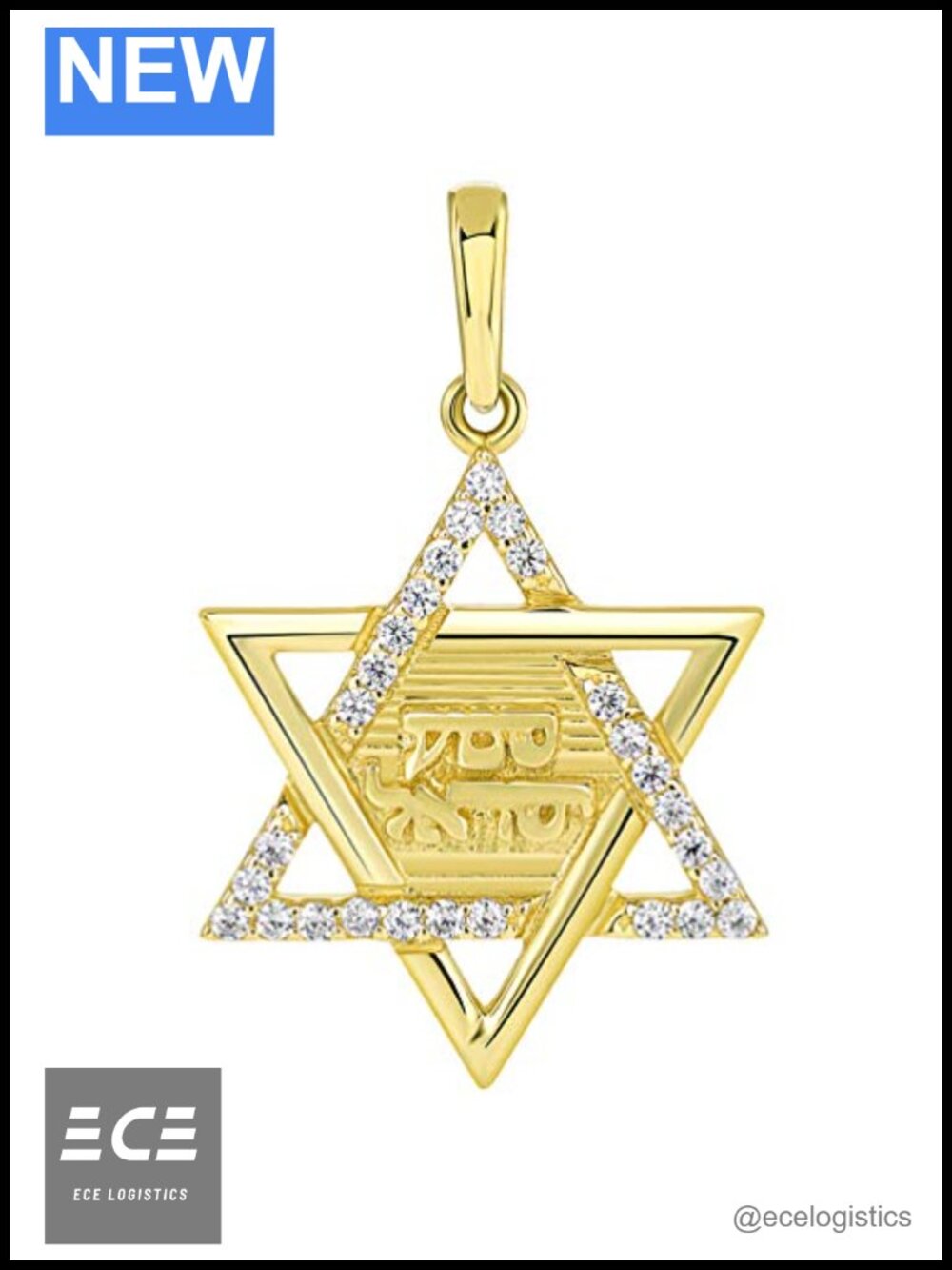 Solid 14K Yellow Gold Shema Yisrael Star of David Pendant CZ
